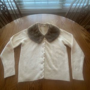 Vintage Lord & Taylor Off White Wool Angora Cardigan With Tan Fur Collar Size L